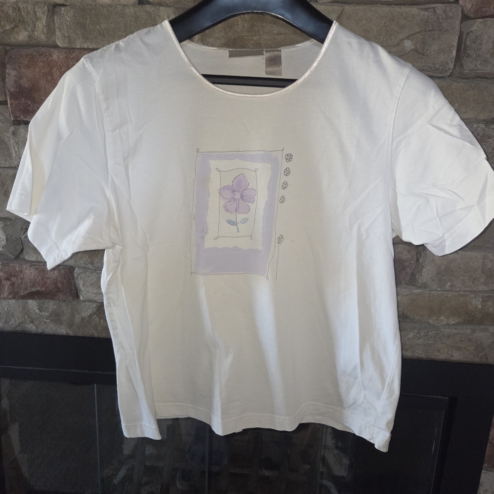 White T-Shirt with Purple Floral Design